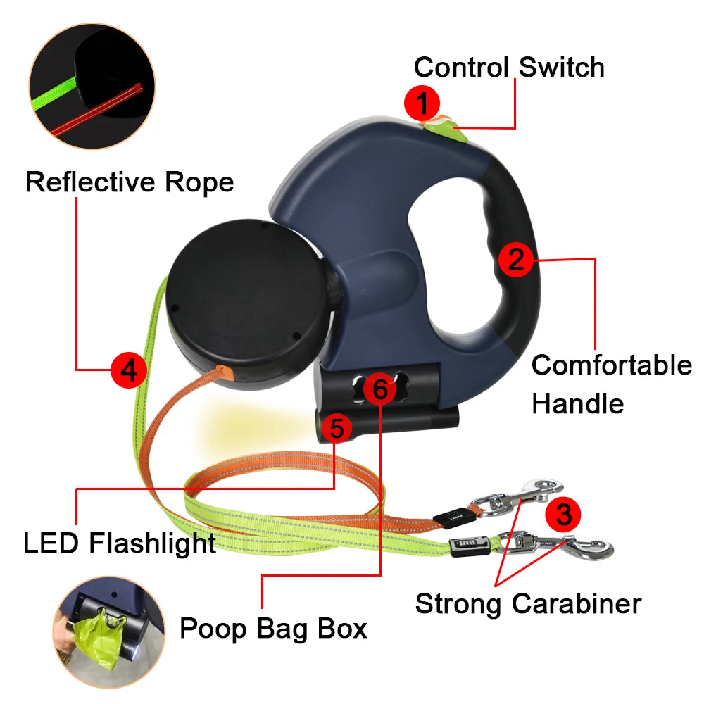 3M Reflective Retractable Dog Leash - Tangle-Free Dual Lead with 360° Swivel and Built-in Lights